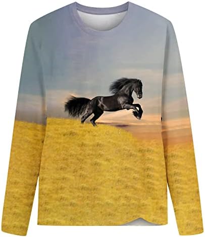 Oplxuo Коњски печати џемпер за жени мода 3D печатење графичка маица екипаж на екипажот со долги ракави врвни трендовски џемпери пулвер