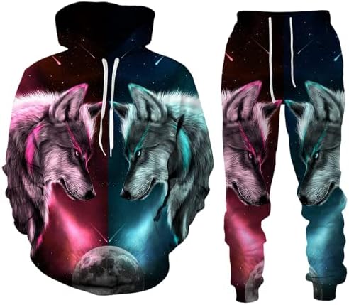 Машка 3Д печатена качулка и џемпери постави 2 парчиња пулвер џокер панталони костуми обични тренерки-животински волк