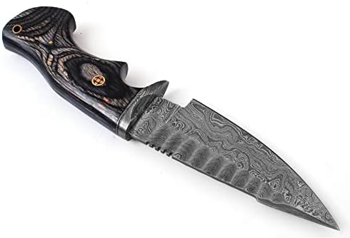Нож со нож со рачно изработен нож за лов на Дамаск со кожна обвивка за појас - фиксни ножеви за преживување на сечилото за мажи - Остри ножеви