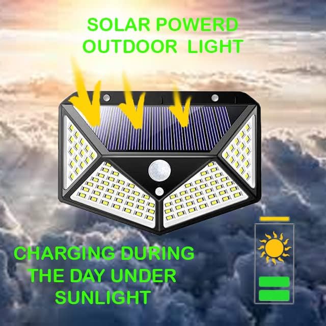 Сончеви светла за движење на отворено 100 LED / 3 режими 270 ° широк агол IP65 водоотпорен безжичен wallид монтиран соларен напоен сензор
