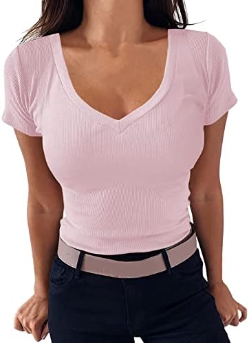 Симпатични графички маички жени против вратот ребрат опремена тесна маичка со кратки ракави кошула Основен плетен врв