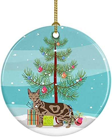Богатства на Каролина CK4720CO1 Сококе мачка Среќен Божиќен керамички украс, украси за новогодишни елки, висечки украс за Божиќ, празник,