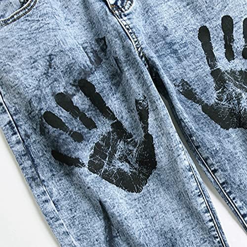 Машки фармерки за печатење на палми, тенок вклопуваат слаби панталони за истегнување, уништени потресени фармерки, редовно вклопуваат панталони