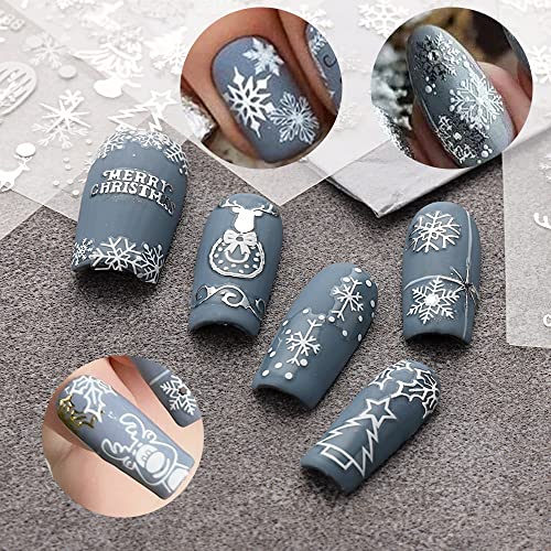 Божиќни налепници за уметност на ноктите, декорации за нокти од бело лизгање на снегулки 3Д зимски Божиќ Божиќни снежни дрвја