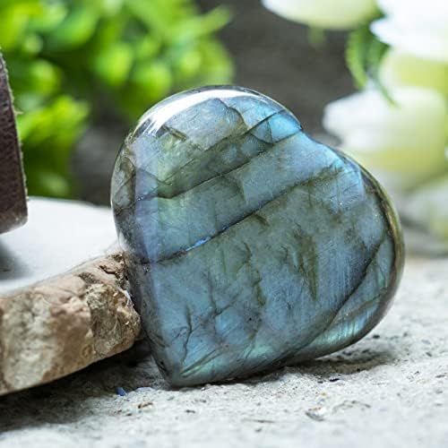 Zaicus 50mm лабрадорит полиран срцев камен, исцелителна кристална дланка Загрижена џебна срцева камења за колекција на палто | Реики Стоун