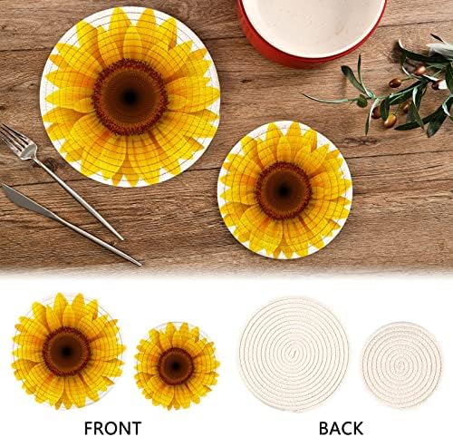 Сончогледни цвеќиња за цвеќиња за топли јадења сет од 2 парчиња врели влошки за кујнски памучни тркалезни обиколни плочи за топли садови и