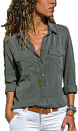 Angongnywell обичен лаптоп кошула со долги ракави џебни кошула женска облека лето со повеќебојни преголеми врвови