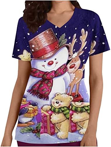Божиќни чешли кошули за жени работна облека со џебови за празнични работи за празници, паѓаат исмејувачки обвивки за кратки ракави против
