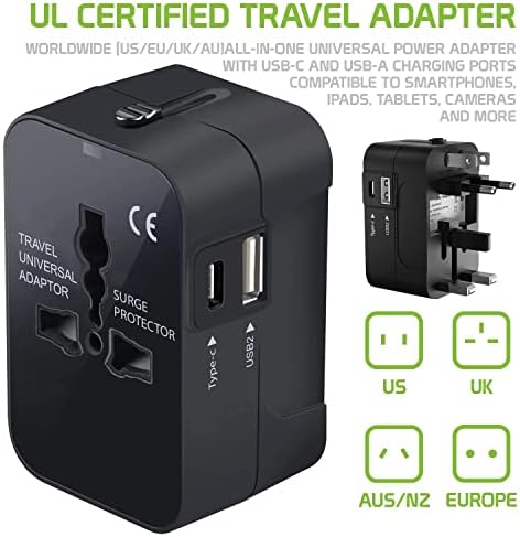 Travel USB Plus Меѓународен адаптер за напојување компатибилен со Icemobile Prime 5.5 за светска моќ за 3 уреди USB TypeC, USB-A за