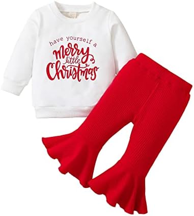 1 -ви бебе подарок девојче Девојче девојки Божиќ со долг ракав, печати маички врвови, пулвер bellвонче, дното на панталоните, облеката