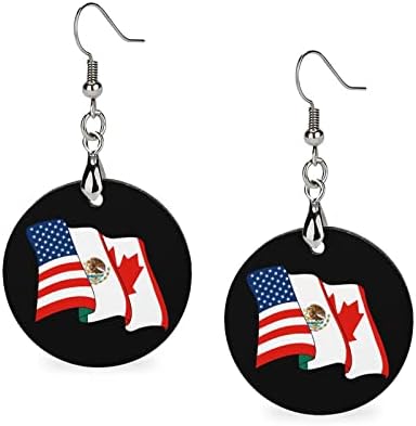 Американско Мексиканско Канадско Знаме Дрвени Обетки Тркалезен Приврзок Висат Куки За Уши Накит За Жени