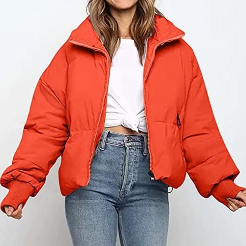 Shopessa Women Bubble Cotton Cotted Paded Subte Cult Cuff Sleeve Full zip Down јакни цврста боја зимски палта за жени