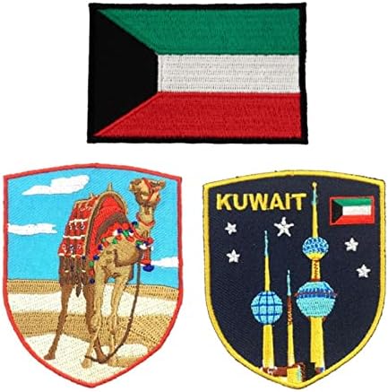 А-Еден 3 парчиња пакувања и обележани обележани лепенки+амблем на знамето на Кувајт, пустинска карактеристика, шивајте на железо на кошули