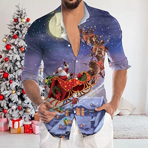 XXBR Божиќно случајно копче надолу кошули за мажи со долг ракав јака Новина на вратот на вратот на XMAS Sumyflake Print Party Chilt