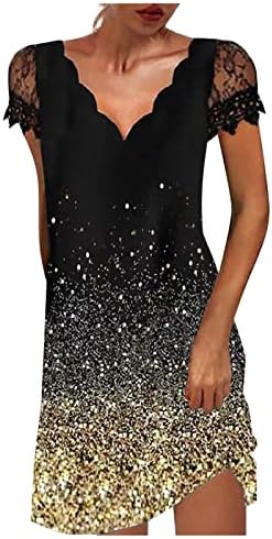 Женски обични фустани на Нокмопо плус големина случајна позиционирање печатење со чипка на чипка со кратки ракави со чипка со врат