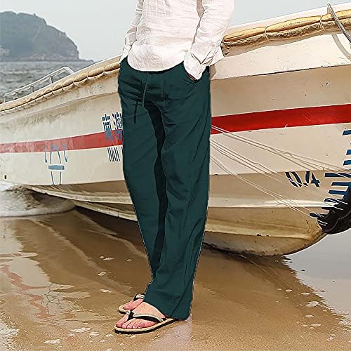 Мажи модни памучни постелнини панталони плус големина обична еластична половината права плажа, оставината, јога пантолона со џебови