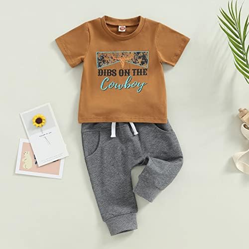 Детето бебе момче облека облека крава глава писмо печати кратки ракави маици врвови и еластични половини долги панталони 2 парчиња облеки
