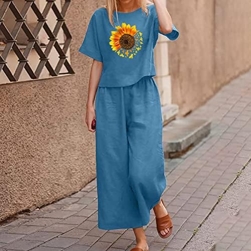 Постелнина 2 парчиња сет за жени летни обични панталони со широки нозе и маички поставува кратки ракави удобни лабави цврсти сончогледни комплети