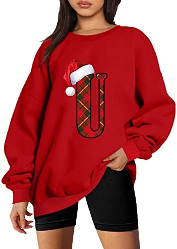 Божиќни џемпери за жени со долг ракав со буква печати пад џемпер, обичен екипаж, пулвер, врвни преголеми дуксери