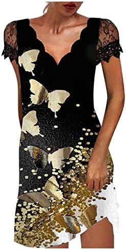 Работни фустани на Nokmopo за жени случајни позиционирање печати V-вратот чипка панел со краток ракав фустан