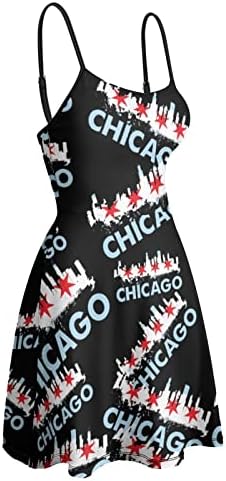 Чикаго Сити Хоризонт Знаме Печатење Плажа Фустан За Жени Шпагети Без Ракави Ремен Хавајски Сарафан Мини