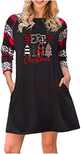 Среќен Божиќен Фустан За Жени Кариран Принт На Новогодишна Елка Фустан Со Замав Со Долги Ракави Лабава Маица Блуза Со Џеб