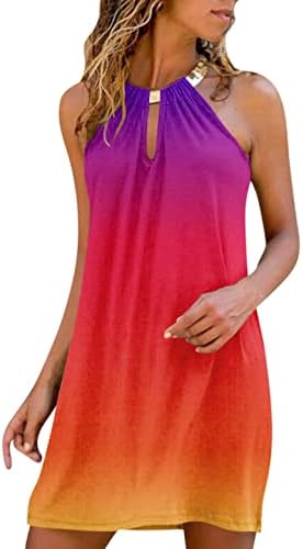 Дами се сузбудува летни градиенти во боја блок запрена вратот на вратот мини фустан лабава плетена лента фустани