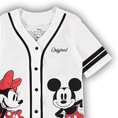 Дизни дами Мики Маус модна кошула - Мики и Мини Маус Бејзбол Jerseyерси Мики Маус Копче надолу во бејзбол дрес