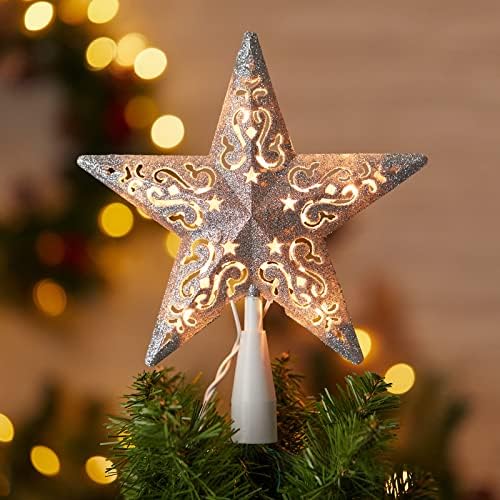 Топер Од Елка Од 8 Божиќни Ѕвезди Сребрен Блескав Топер Со Шуплива Ѕвезда Вграден Во 10 Светилки Стринг Светла 3д Ѕвезден Врв Приклучок За