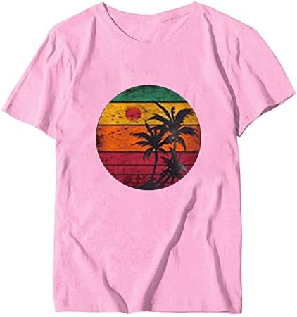 Кошули на плажа за жени Хавајски палма графички маички во боја на блуза со краток ракав за одмор гроздобер маички врвови