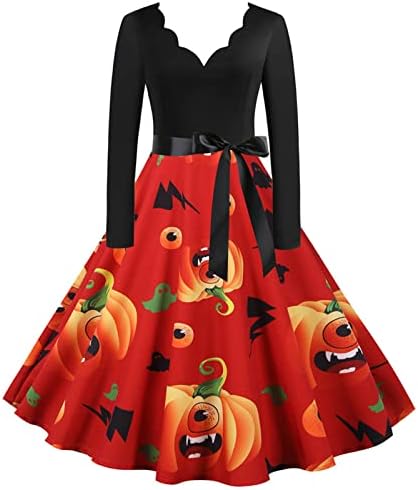 1950 -тите фустани за Ноќта на вештерките, женски гроздобер долги ракави коктел за замав фустан тиква печатена вечер матурска забава