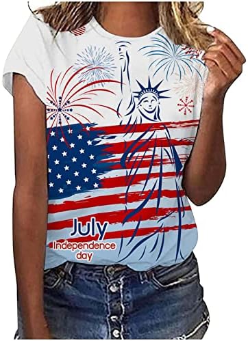 Womenените кошули на 4 -ти јули печати лабава вклопени врвови на врвови со кратки ракави, екипа на вратот, есен летни кошули 2023 9V