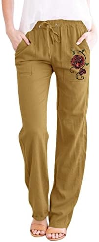 MTSDJSKF жени постелнини панталони, цврсти високи половини со права нога лабава лента за постелнина панталони со џебови женски пантолони