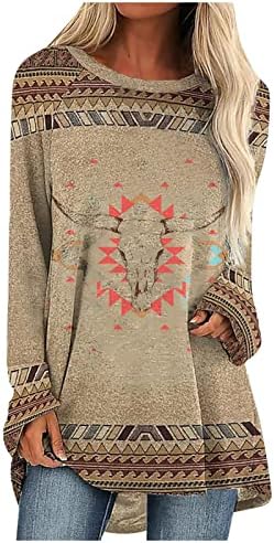 Женски ацтеки печати западни етнички врвови паѓаат случајно лабава пулвер ретро графички маички со долги ракави маички за џемпери