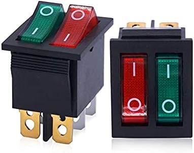 Rayess 2PCS AC 250V/16A, 125V/20A Црвено и зелено копче со светло Вклучено/Исклучено DPDT 6 PIN 2 SWITCH