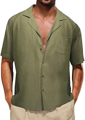 Лекге маичка памучна постелнина за лежење, случајно копче надолу, кратки ракави кубански камп јака од кошула со цврста кошула со