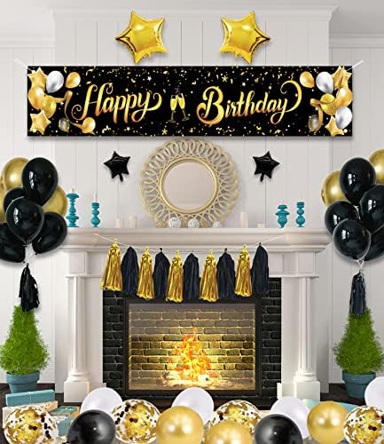 Роденденски украси ， црно злато среќен роденден банер позадина со златни црни фолии starsвезди tassels метални конфети балон роденденски украси