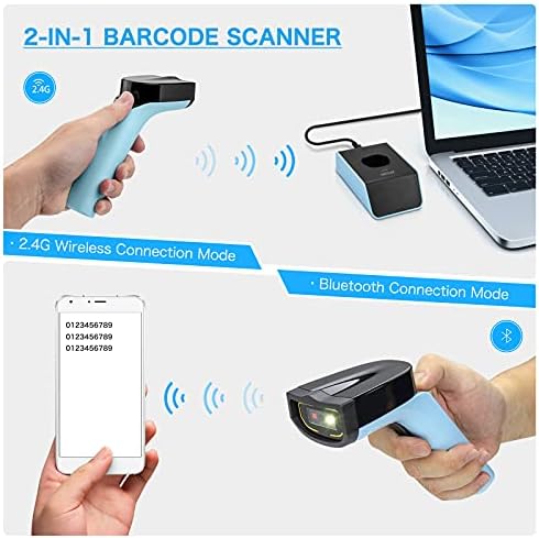Netum Bluetooth безжичен 2D скенер за баркод Автоматски, бесплатен читач на баркодови со раце со лулка за полнење и вградена меморија,