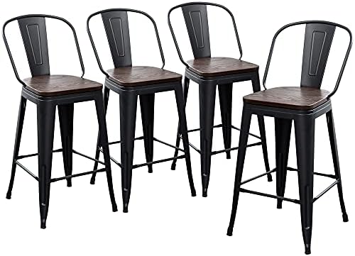 Јонгчијанг Метални Шипки Комплет од 4 Столици Со Високи Задни Шипки Столици За Јадење Столици За Шипки Со Високи Шипки Со Задно Дрвено
