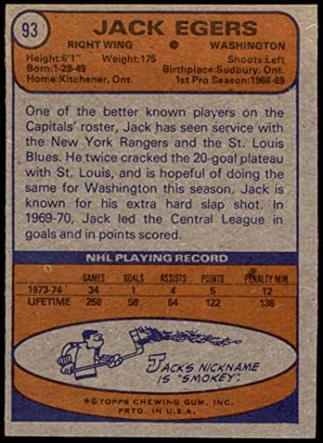 1974 Топпс 93 Jackек Егерс Вашингтон Капитал-хокеј НМ-хокеј-хокеј