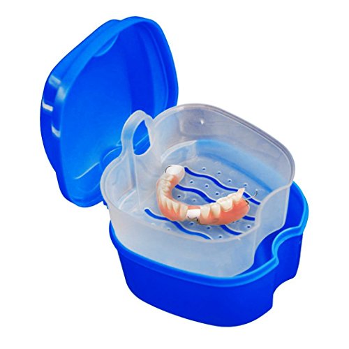 Кутија за бања за протези, премиум лажни заби кутија за складирање со висечки мрежен сад, кутија за стража на уста со четка за