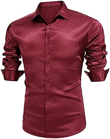 Машка мода сатен со цврста боја кошула со долга ракав Сјајна мускулна фустан кошула свилена обична танцувачка забава смокинг кошула