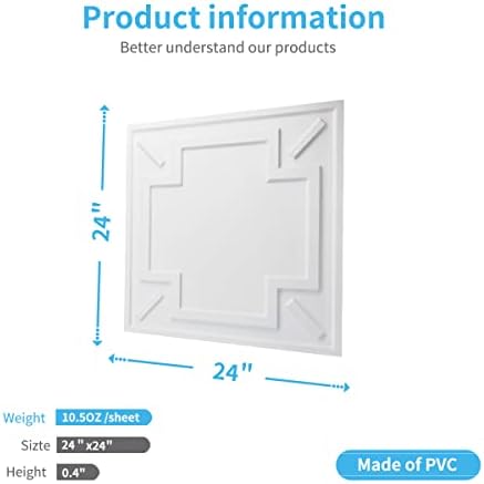 Art3d Декоративна таванска плочка 2 x2, лепак 3Д текстура тавански панел, пластичен лист во бело