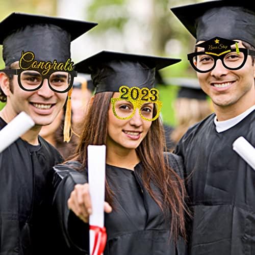 2023 Очила за дипломирање, 12 парчиња сјајни чаши за хартија класа од 2023 година матура за маскирање маски за забава, забава за украси за украси