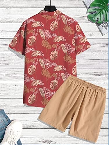 Ромве машки 2 Парчиња Облека Тропско Печатење Копче Надолу Хавајски Кошула И Шорцеви Во Собата Црвено И Каки