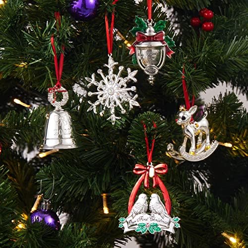Божиќни украси сребрени украси за bellвонче за украси на новогодишни елки, украси за празници за годишнина со панделка и кутија за подароци