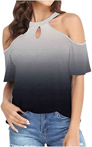 Womenените летни врвови летни печати ладно рамо врвови со кратки ракави, боја маичка женска маица модна обична блуза