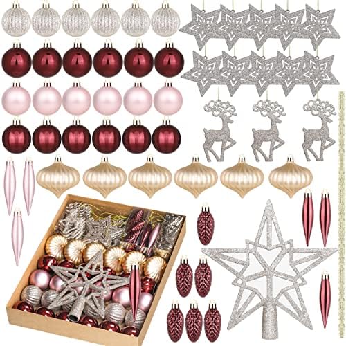 Horjamy 60 парчиња Божиќни топки украси од дрво за украсување на новогодишни елки со пакет за подароци за еднократна употреба за празник
