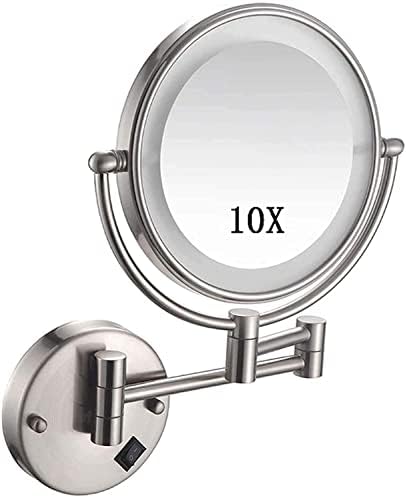 8-инчен wallиден монтиран огледало за шминка, 10x зголемување козметичко огледало со светла LED, двострана огледало на огледало 360 ротација,