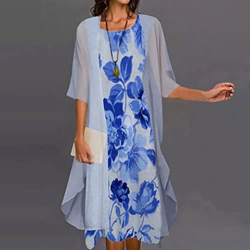 Rmxei женски моден обичен случајна печатена V-врат-врат-без ракав страничен џеб фустан со два парчиња фустан со два парчиња фустан